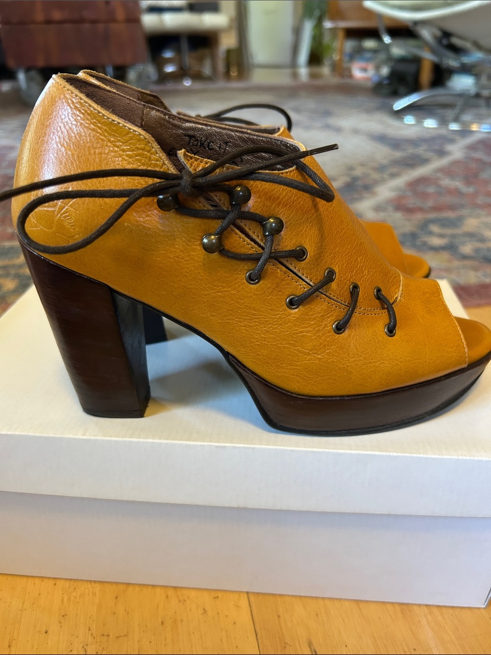 John Fluevog Yellow Leather Lace-Up Peep-Toe Platform Heels